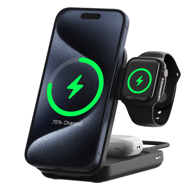 Qi2 [Certified] 3 in 1 Charging Station Compatible with Apple MagSafe, Magnetic 15W Foldable Fast Wireless Charging Stand for iPhone 16/15/14/13/12, iWatch 10 Air-Pods 4 Charger