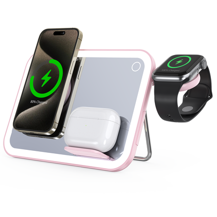 3-in-1 Foldable Wireless Charging Station with Mirror – Fast Travel Charger for iPhone, Apple Watch & AirPods