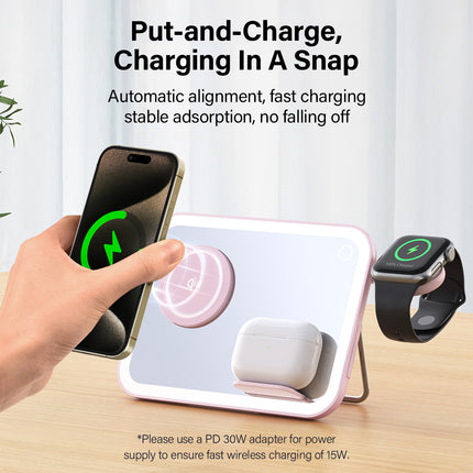 3-in-1 Foldable Wireless Charging Station with Mirror – Fast Travel Charger for iPhone, Apple Watch & AirPods