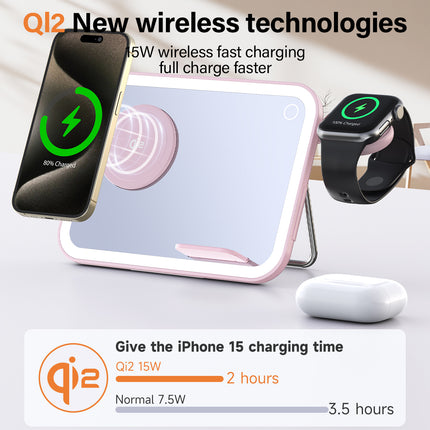 3-in-1 Foldable Wireless Charging Station with Mirror – Fast Travel Charger for iPhone, Apple Watch & AirPods