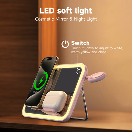 3-in-1 Foldable Wireless Charging Station with Mirror – Fast Travel Charger for iPhone, Apple Watch & AirPods