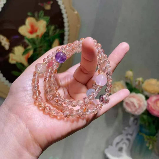 "5.8mm Black Gold Bracelet with Strawberry Quartz, Rutilated & Green Phantom | Multi-Gemstone Spiritual Accessory"
