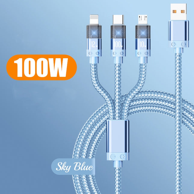 100W 3-in-1 Multi-Functional Fast Charging Cable – USB-C & Micro USB Compatible, Durable and High-Speed Charging
