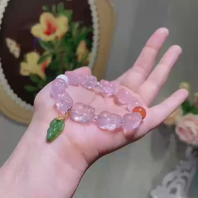 Feng Shui Pixiu Bracelet in Rose Quartz with Jade & Sterling Silver – Wealth & Harmony