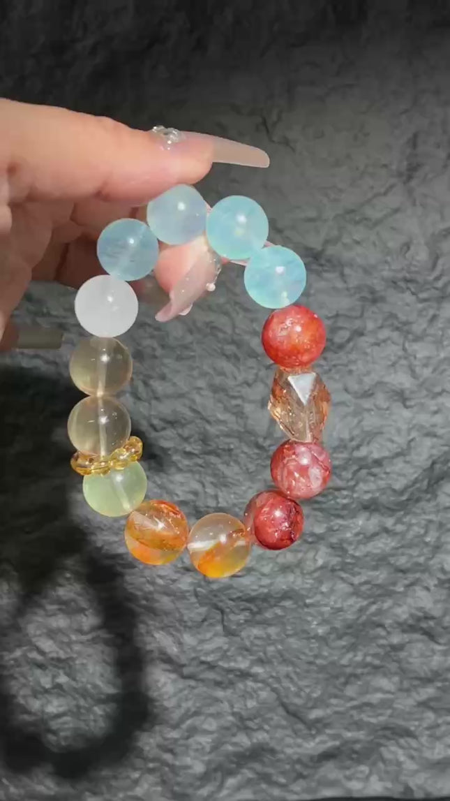 Chakra Energy Bracelet — Aquamarine, Red Flower Agate, Citrine, Black Golden Super Seven