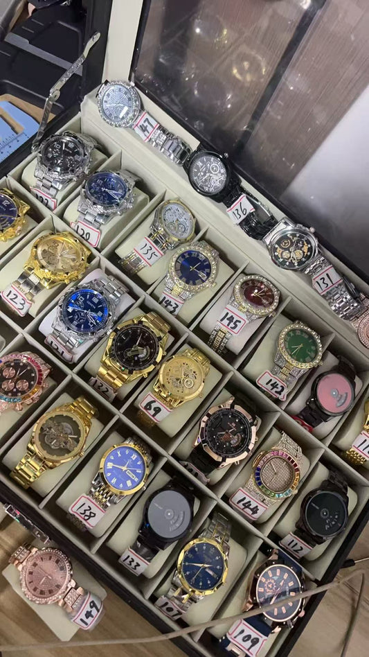 Wholesale watches clearance lot — display case with men's and ladies' fashion watches, 350 pcs